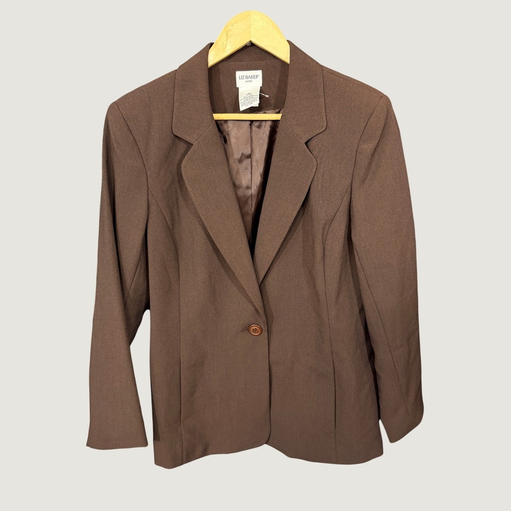Liz Baker Blazer Womens 12P Brown Petite Single Button Professional Suit Jacket